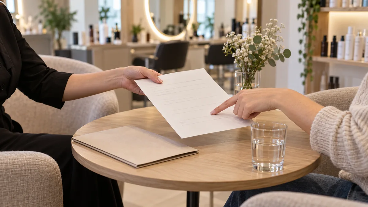 Deux personnes non identifiables examinent un document au coin consultation d’un salon.